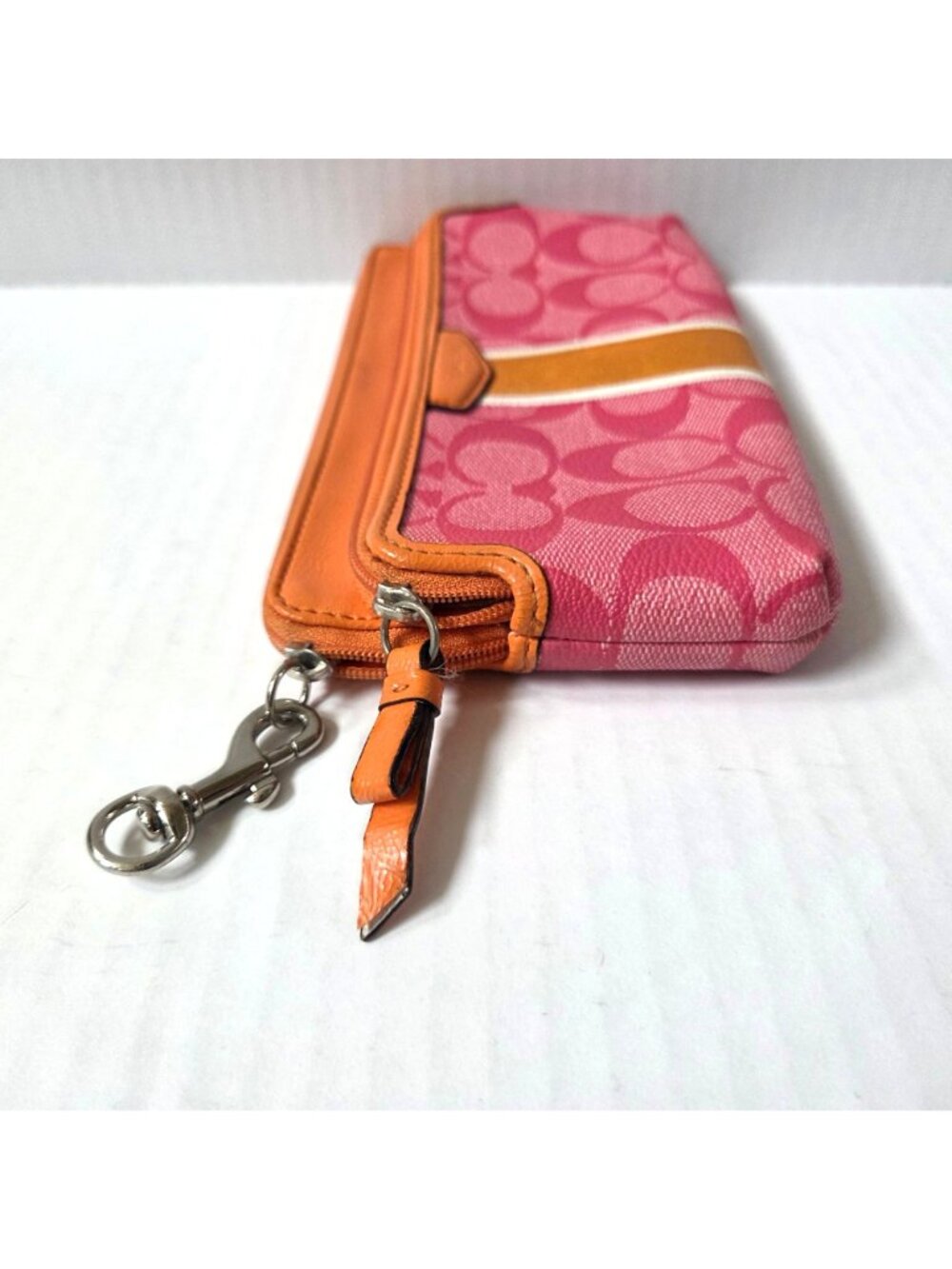 Coach Wallet Pink Orange Signature Stripe Coated Canvas Double Zip Wristlet - Picture 3 of 12